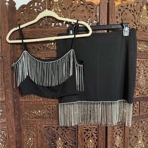 Better Be Black Skirt and Crop Top with rhinestone fringe trim